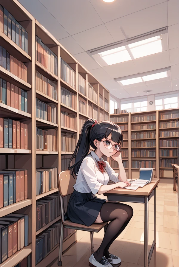 Black hair, ponytail, glasses, bookstore, clerk