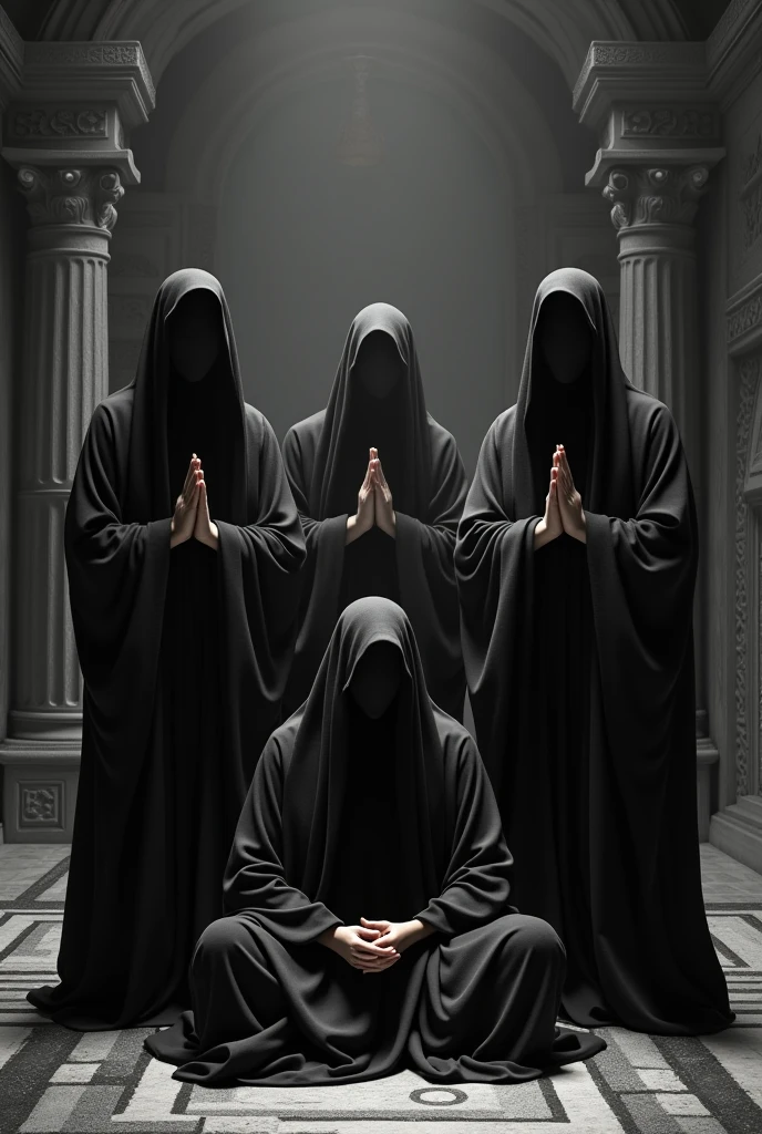 A muslim woman wearing a black burqa standing streight, a nude white woman and a nude black woman kneeling by her sides, touching her legs, photorealism:1.2, high detail, high resolution, 4K, UHD