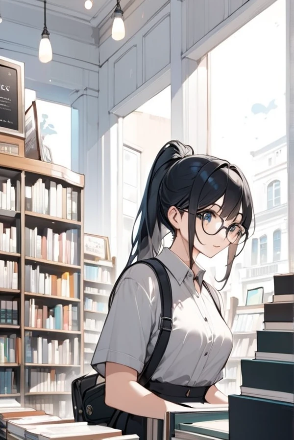 Black hair, ponytail, glasses, bookstore, clerk