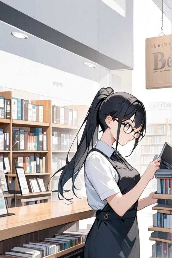 Black hair, ponytail, glasses, bookstore, clerk