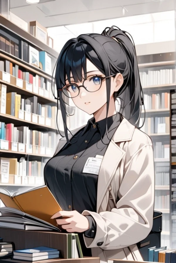 Black hair, ponytail, glasses, bookstore, clerk