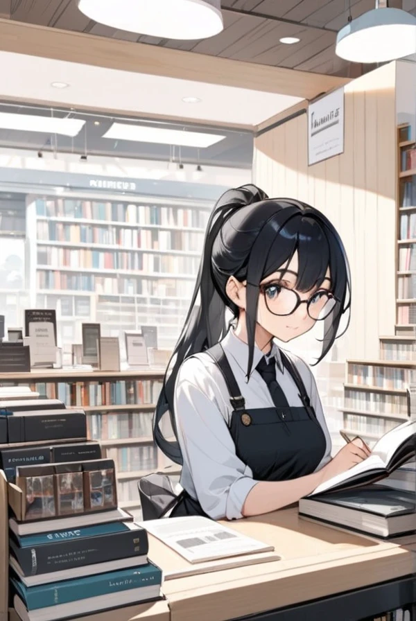 Black hair, ponytail, glasses, bookstore, clerk