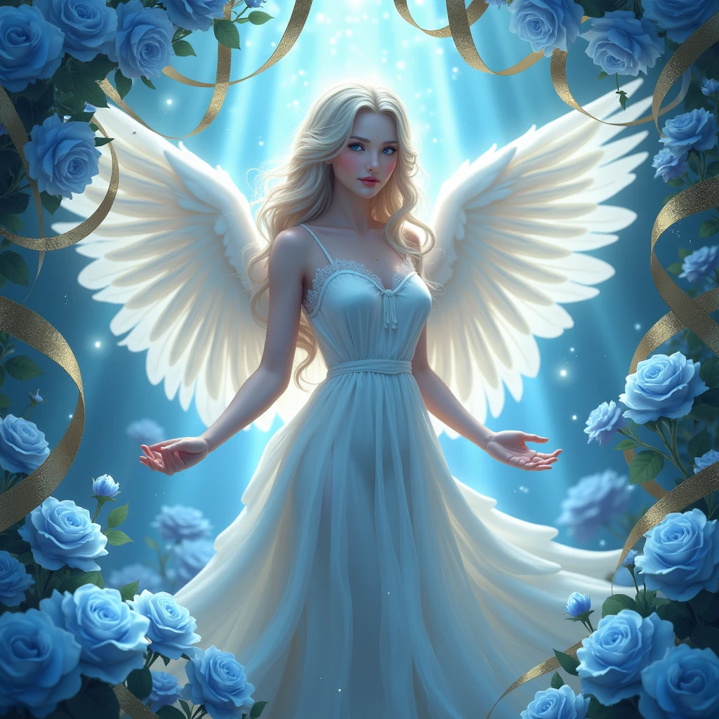 angel forest, fantastic, cheerful smile, wrapped in light, angel wings, playing, iridescent stream, iridescent flower garden, flowers,