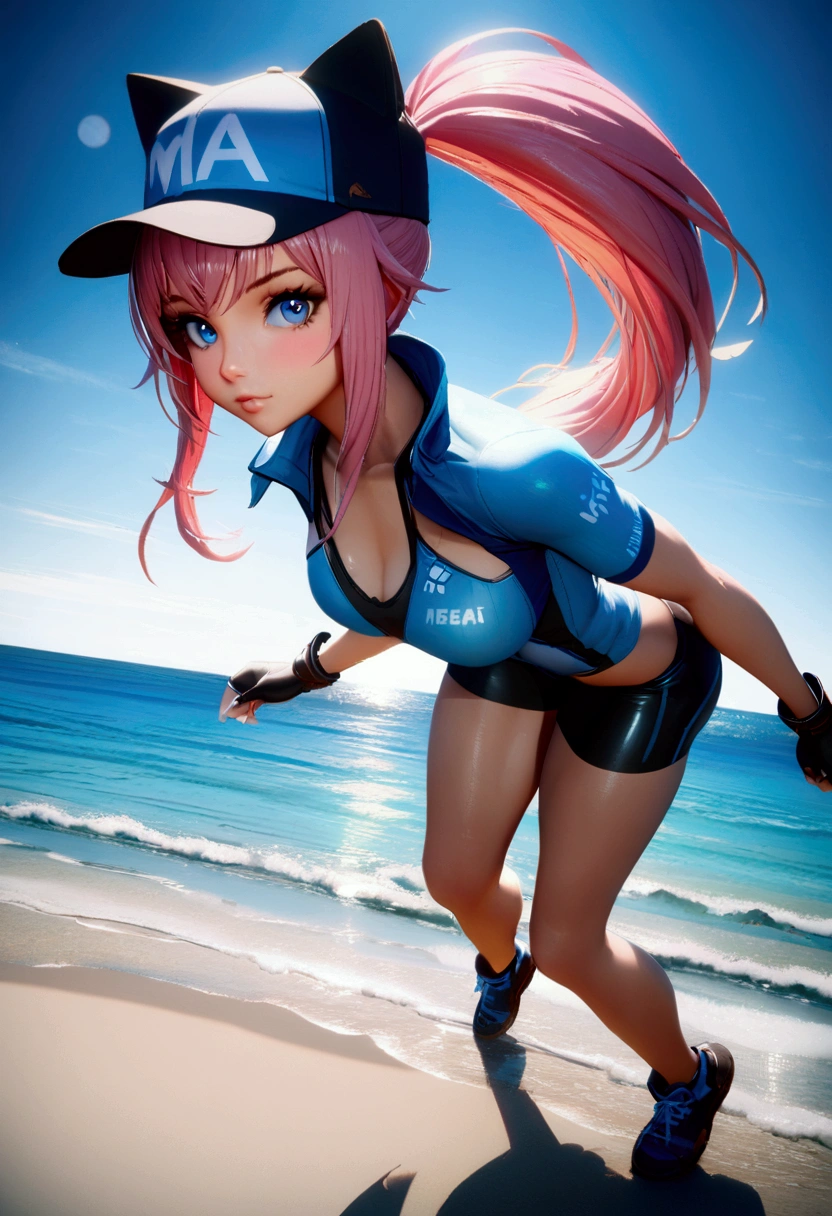 Professional women's photos, 1 girl, flirting, (shiny big), morning, sexy, playing volleyball, costume with logo, sand, backlight, (bangs), bloomers, (sweaty: 1.3), blurred background, sun visor, tan, no bra, (not mugiwara),