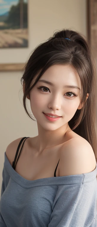 ( best quality), (  Masterpiece ), ( high definition ), ( complex details:0.2),( Professional Writing ), room,  detailed background,  oversized black t-shirt,  off shoulder, (Previous View),  1 girl, Alone, ( beautiful face:1.40),   slender body ,  fine skin, smile, long ponytail brown hair,  Sky Blue Eyes, (Medium sized beast:1.10),  view in viewer ,  