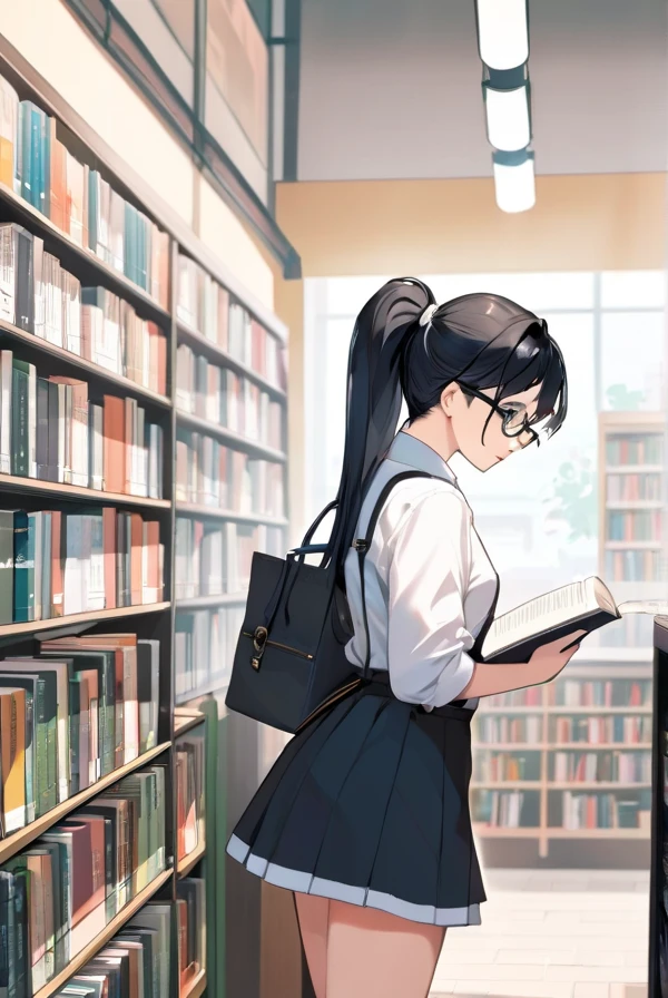 Black hair, ponytail, glasses, bookstore, clerk