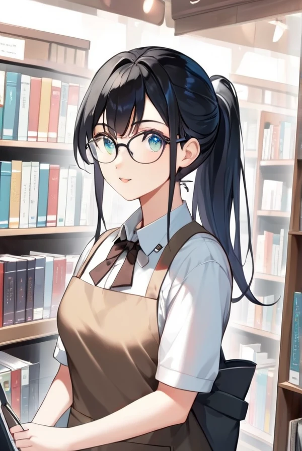 Black hair, ponytail, glasses, bookstore, clerk