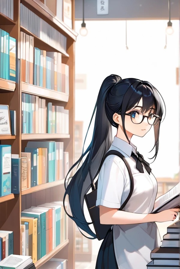 Black hair, ponytail, glasses, bookstore, clerk