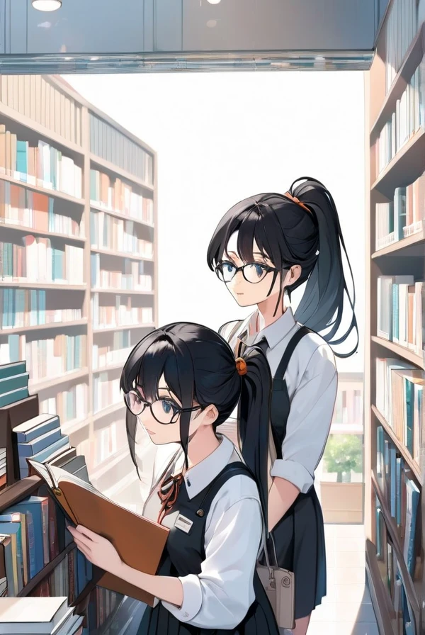 Black hair, ponytail, glasses, bookstore, clerk