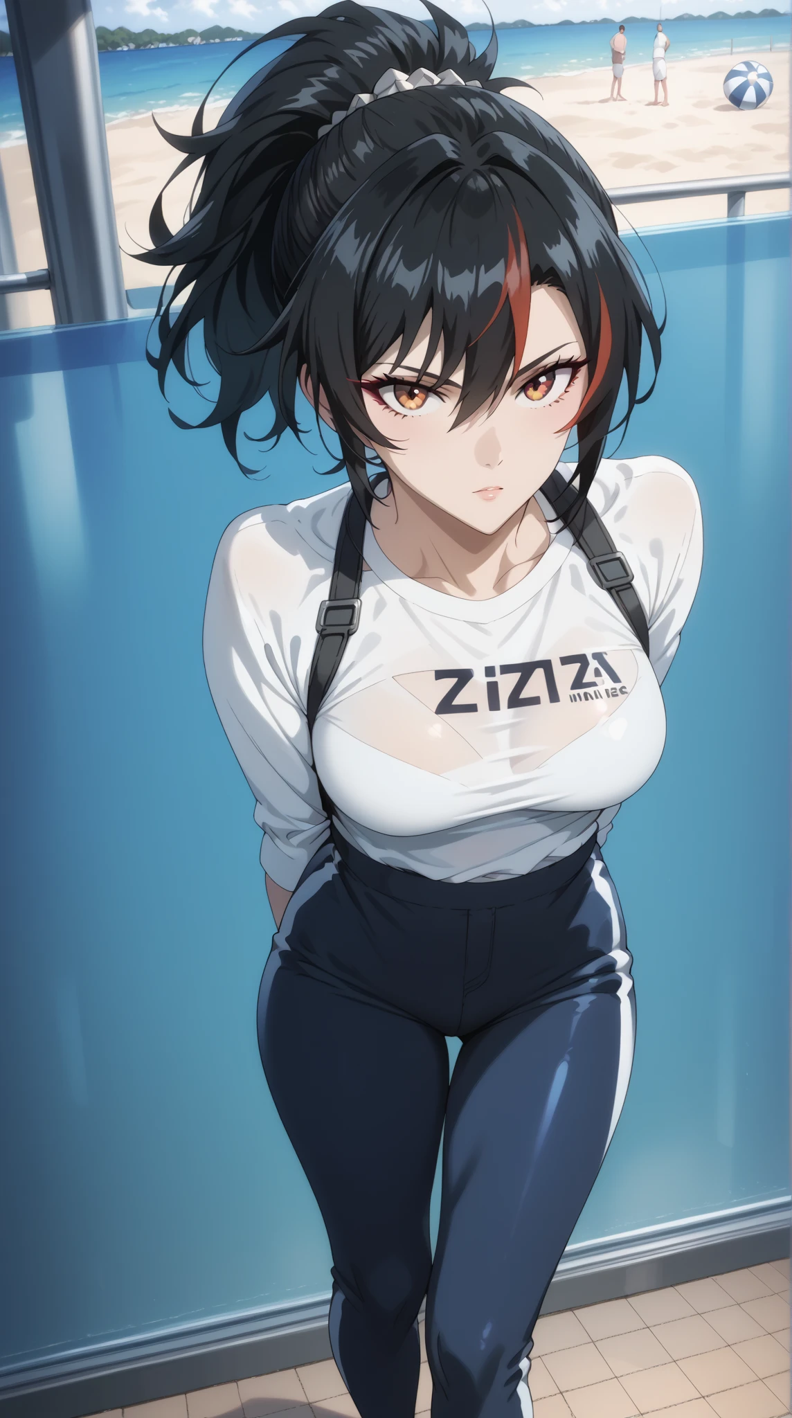 ((best quality)), masterpiece,full-body  Zhu Yuan from Zenless Zone Zero, with ponytail hair featuring black hair, STREAKED HAIR AT THE MIDDLE HAIR. ((Perfect body )),large breasts,long legs ,sexy legs, looking at viewer. White tshirt,short sport pants, arms behind back, enticing legs,front look,cowboy shot