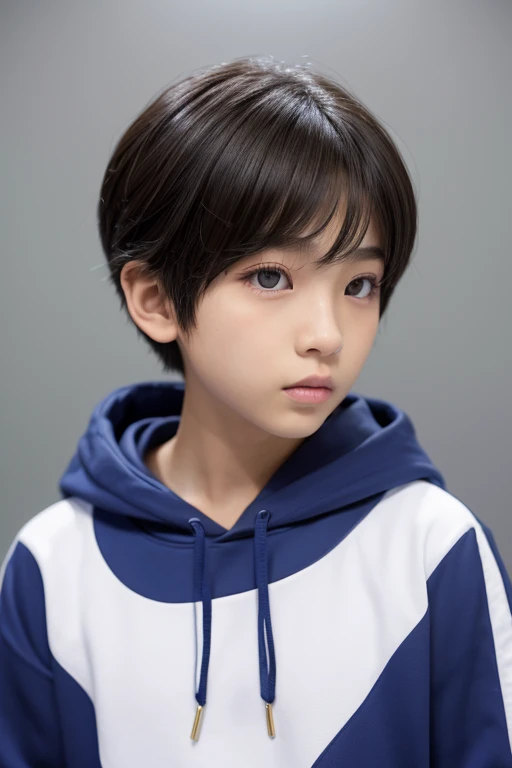 An arafed in a blue hoodie looking at the camera, at the garden, little boyral face, detailed portrait shot, portrait of 12 years old boy, po - year - old boy, half body portrait, close - up portrait shot, enes dirig, realistic photo