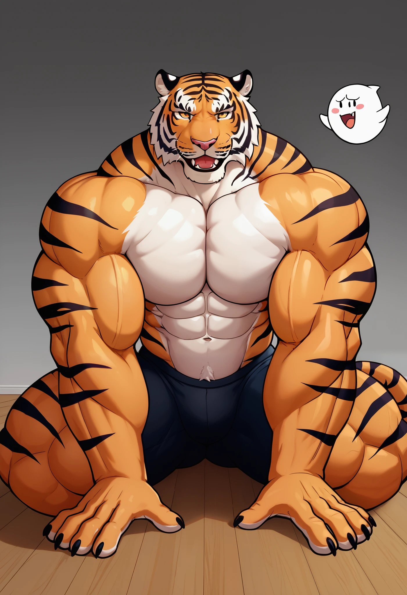 (by feralise, by taran fiddler)(simple shading), male, two tiger, two characters, laying on bed, rubbing belly (touching belly:1.3), wearing spiked collar, showing off belly, athletic body ((correct anatomy:1.3)), bulky, round bloated belly (with some muscle), muscle gut, bulge, black thong underwear, bedroom enviroment (bed)
