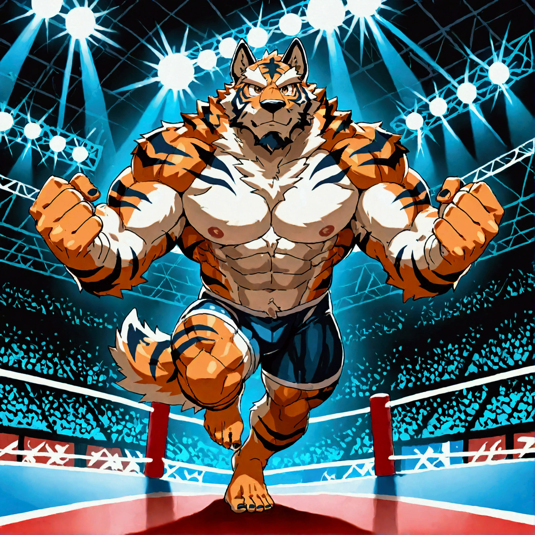 character focus, full body, looking away, dynamic angle, 2mens, professional wrestler, one man has muscular middle-aged wolf man BREAK versus the another man muscular middle-aged tiger man fighting, dynamic, wrestling, grappling, BREAK full body in Michelangelo Buonarroti style, housamo style, digital illustration anime, detailed painting landscape, wrestling stadium, ring, indoor, full color, HDR, BREAK complete anatomy, perfect proportions, beautiful thigh gap, fluffy body, intricate fur details, beautiful fur texture, BREAK detailed toe, 5toes, 5toes nails, detailed foot, detailed hands, 5fingers, 5fingers nails, BREAK aesthetic anime face, insanity detailed face, male face, big face, square jawline, aesthetic anime eyes, detailed brown eyes, detailed brown cornea, detailed dark brown irises, detailed pupils, male eyes, big eyes, male eyebrows, innocent look, beautiful beard, BREAK masterpiece, official art, best quality, very aesthetic, absurdres, super fine illustration, great quality, BREAK noise reduction, very highres, large filesize, high quality, 32K, 8k wallpaper, dynamic lighting, BREAK insanity detailed, ultra detailed, intricate details, extremely detailed, detailed texture, an extremely delicate and beautiful, BREAK e621 illustration, osukemo, kemohomo, anthropomorphic, furry, cartoon, harmonious, pastoral face, virtuous eyes, sports atmosphere