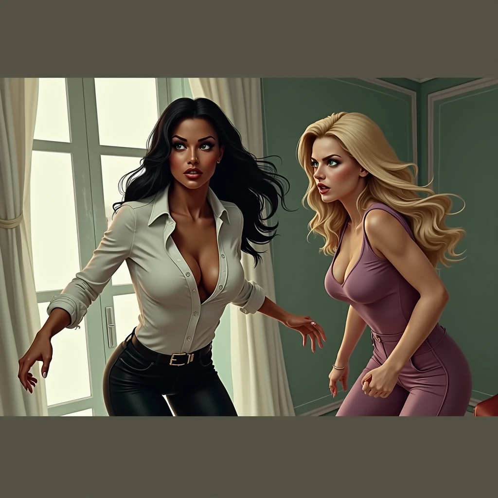Sexy brunette woman and elegant beautiful dark blonde standing back to back big body