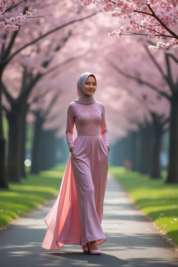 The view is simply amazing,under the flowers, sakura, the beautiful one, a beautiful korean woman, smooth white skin, well-groomed face, wearing pink hijab, wearing a long pink dress with balloon sleeves, walking gracefully,Woodland,looking in front of the camera under the blooming cherry blossoms.some flowers fall, left and right of the road are cherry blossom trees in full bloom,and beautiful. The cherry blossom tree looks realistic in the photo. Cherry blossom tree background,Realistic original photo.