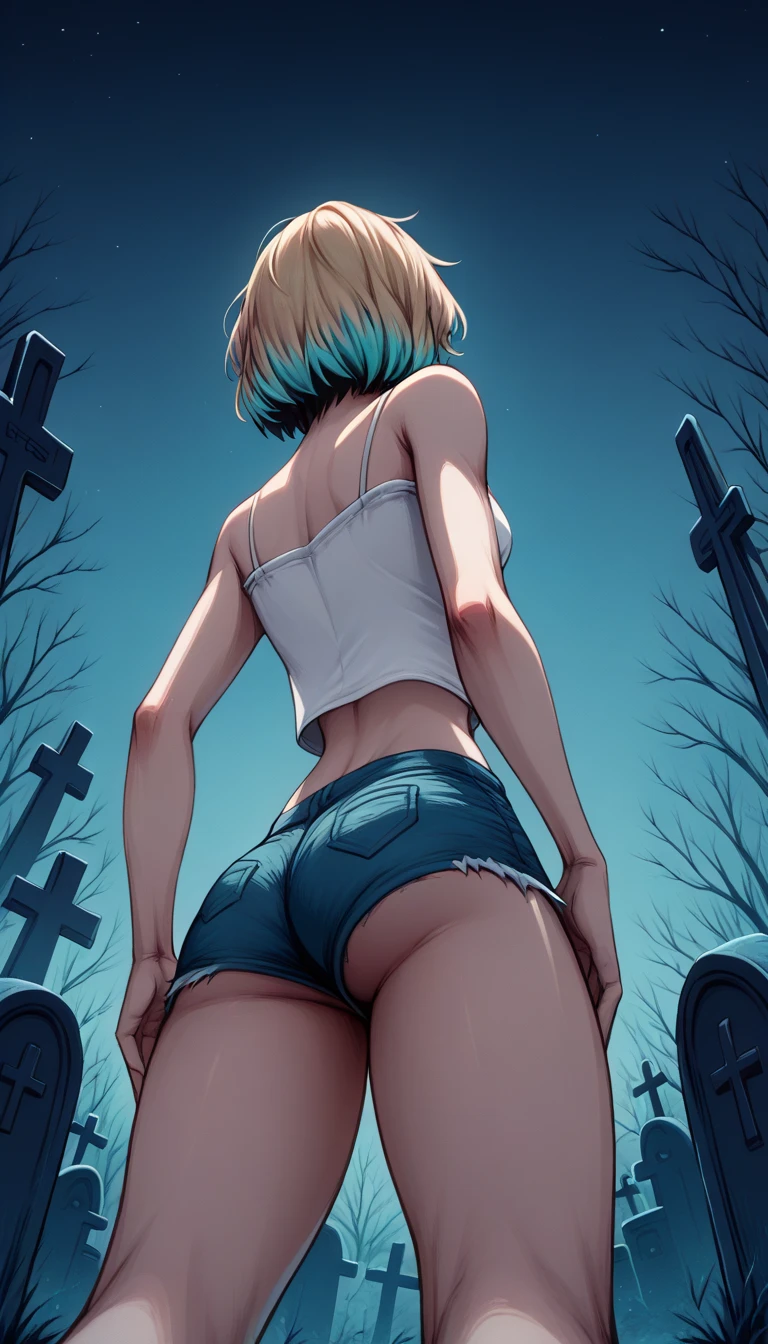 score_9, score_8_below, 1girl, solo, (short hair Gwen Stacy, blonde, colorfulhighlights:1.2), (white top, bare arms, bare shoulders, midriff, tiny jean shorts:1.3), exposed legs, thick thighs, ass focus, cemetery, fog, night ,colorful, 2D, (shot from below:1.3).