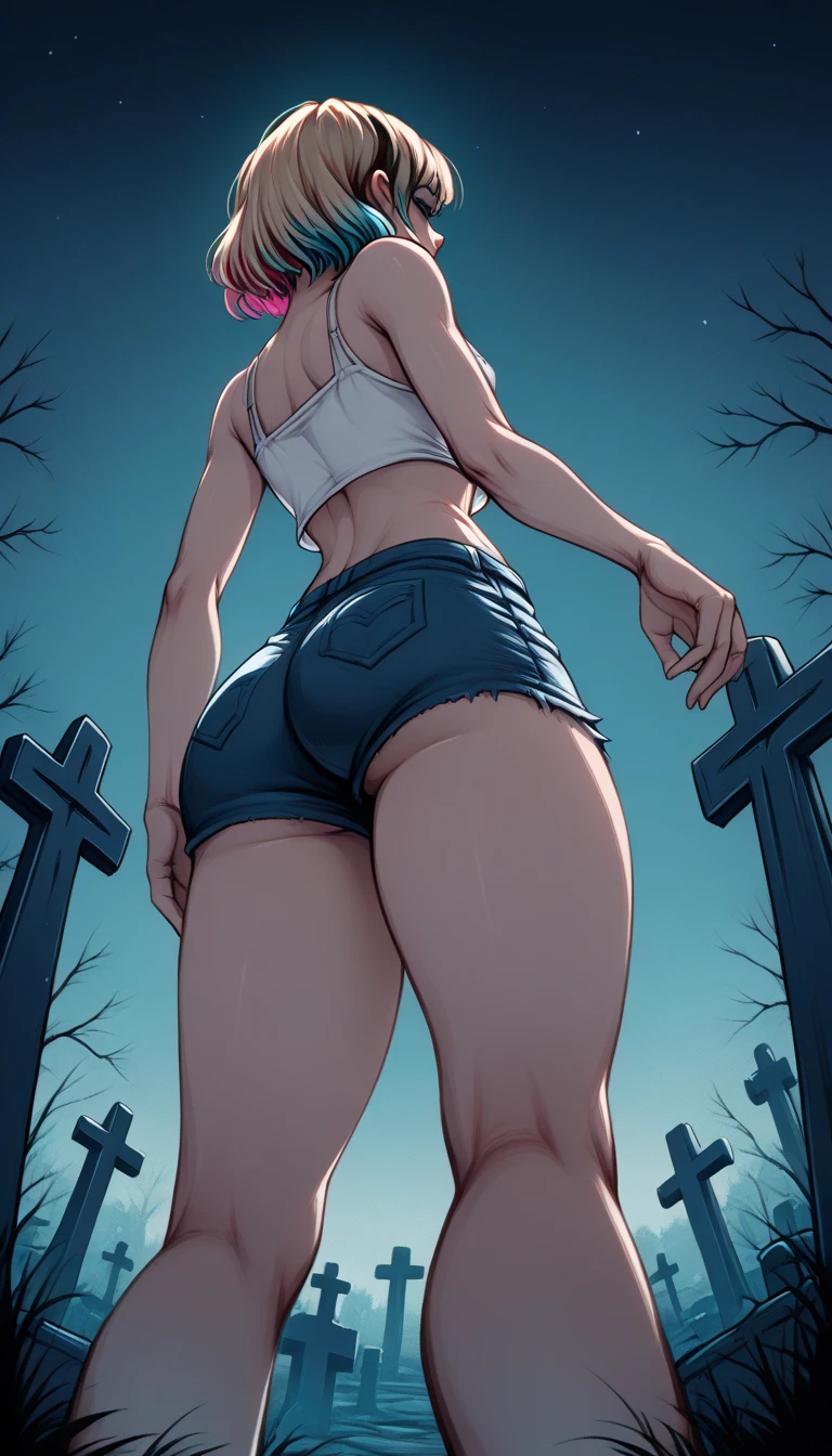 score_9, score_8_below, 1girl, solo, (short hair Gwen Stacy, blonde, colorfulhighlights:1.2), (white top, bare arms, bare shoulders, midriff, tiny jean shorts:1.3), exposed legs, thick thighs, ass focus, cemetery, fog, night ,colorful, 2D, (shot from below:1.3).