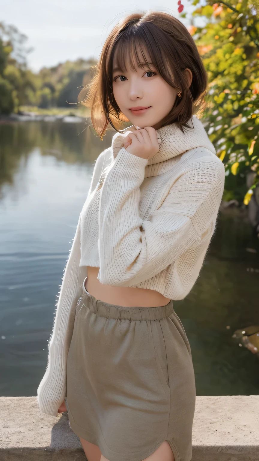 slim feminine figure, redhead, best quality, realistic skin texture, photography, film grain texture and high contrast, extremely high-resolution details, photographic, photorealistic, hyper-realistic, HDR, masterpiece, ((short pixie hair)), (((a long sweater))), thin waist, yoga pants, wide hips, a lot of plants with big green leaves in the background, (((close-up on the waist))), sunshine