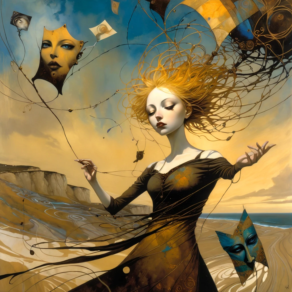 oil and acrylic painting. In the style of Dave McKean, Klimt. A young blonde woman energetically holds a thread to which are attached several theatrical masks floating in the sky and tries to prevent the wind from ripping the thread from her hands . The background is a dune with grass a from which the sea and high cliffs can be seen, cUse theatrical masks to enrich the meaning of the image, which should convey the woman's effort to prevent the wind from tearing the thread from her hands. dreamlike and surreal atmosphere. Colors ochre, amber, teal, browns, octane blue, skillfully dosed
