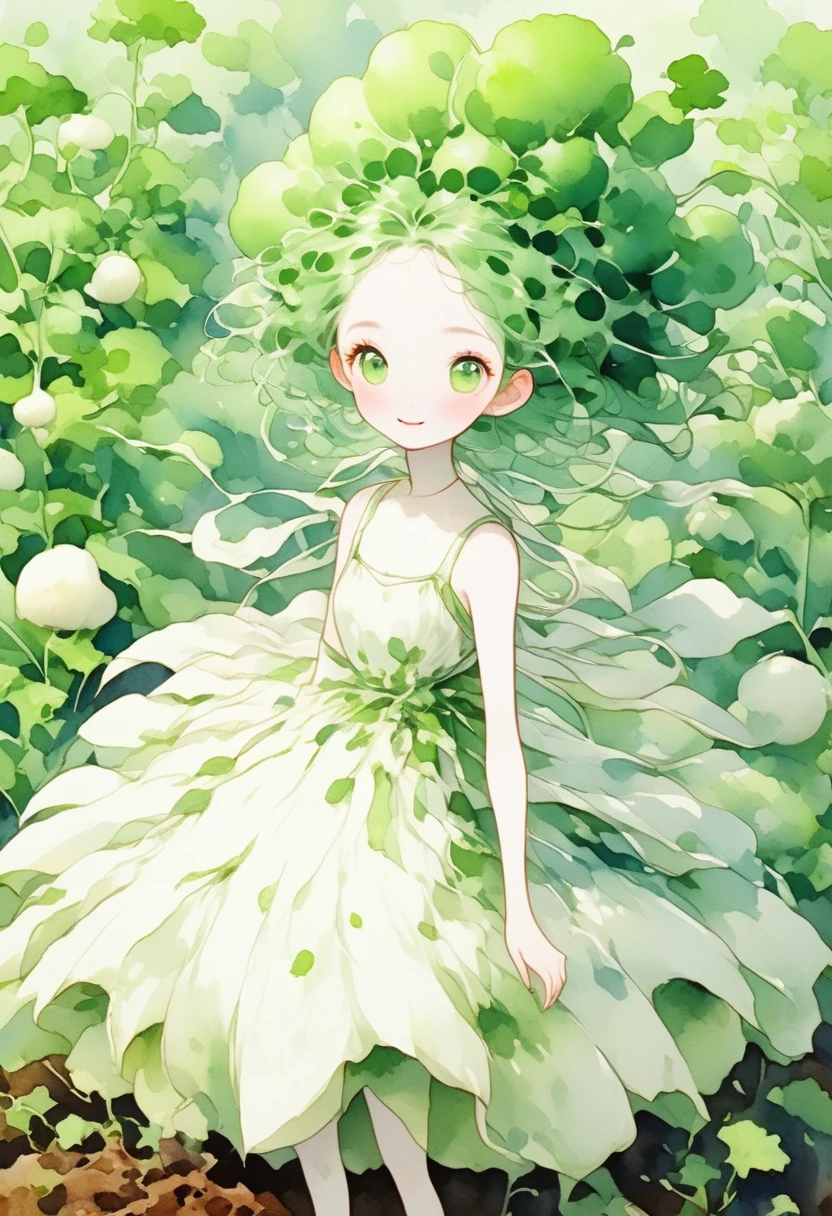 (masterpiece, best quality:1.2), A cute daikon lady, green hair, green eyes, pure white skin, wearing dress made of daikon skin, legs, smile, standing in the soil, looking at the camera. fantasy art, watercolor painting