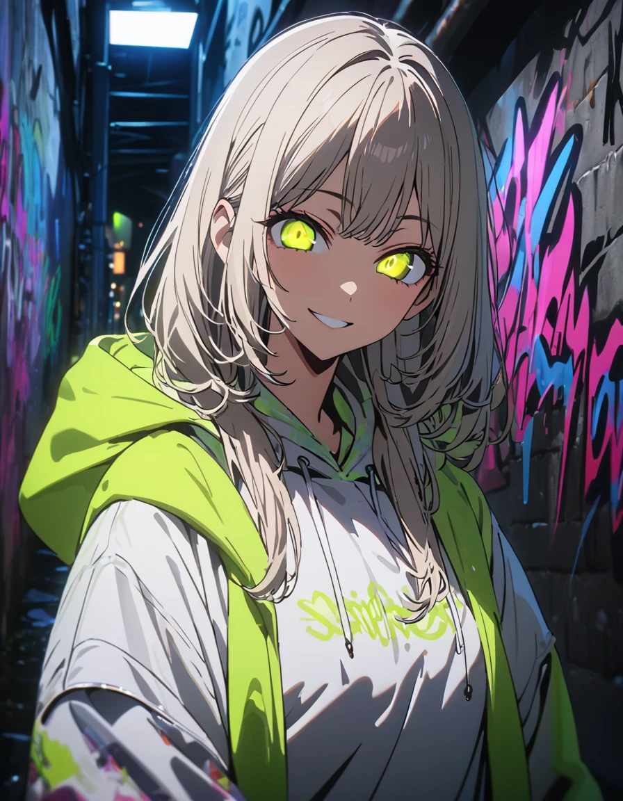 masterpiece,  best quality, 8k, detailed background, masterpiece,  best quality, smile,  ornament,  hoodies , Portraiture,  neon green, graffiti, dark, night, Shining Eyes,  black light,Akane Kurokawa