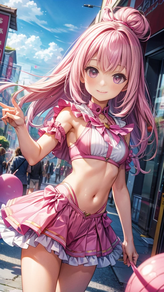 (best quality, realistic, professional), beige full-body tights, petite 6-year-old girl, pink ponytail, cute smile, blushing, from behind, partially see-through, choker, thick thighs, armpits