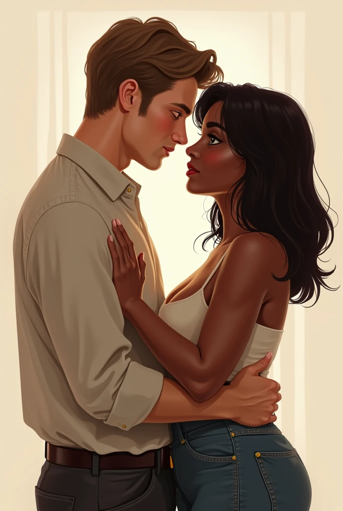 Create the image of a tanned woman with long hair,smooth and very black ,brown eyes,freckles only on the cheeks and nose and a medium-sized pink mouth. She must be wearing a long green dress with puffed sleeves and a black corset and a tall, strong man with white skin wearing a white dress shirt.,with brown hair and hazel eyes and no beard he must be cornering her against the wall with his two hands next to her head