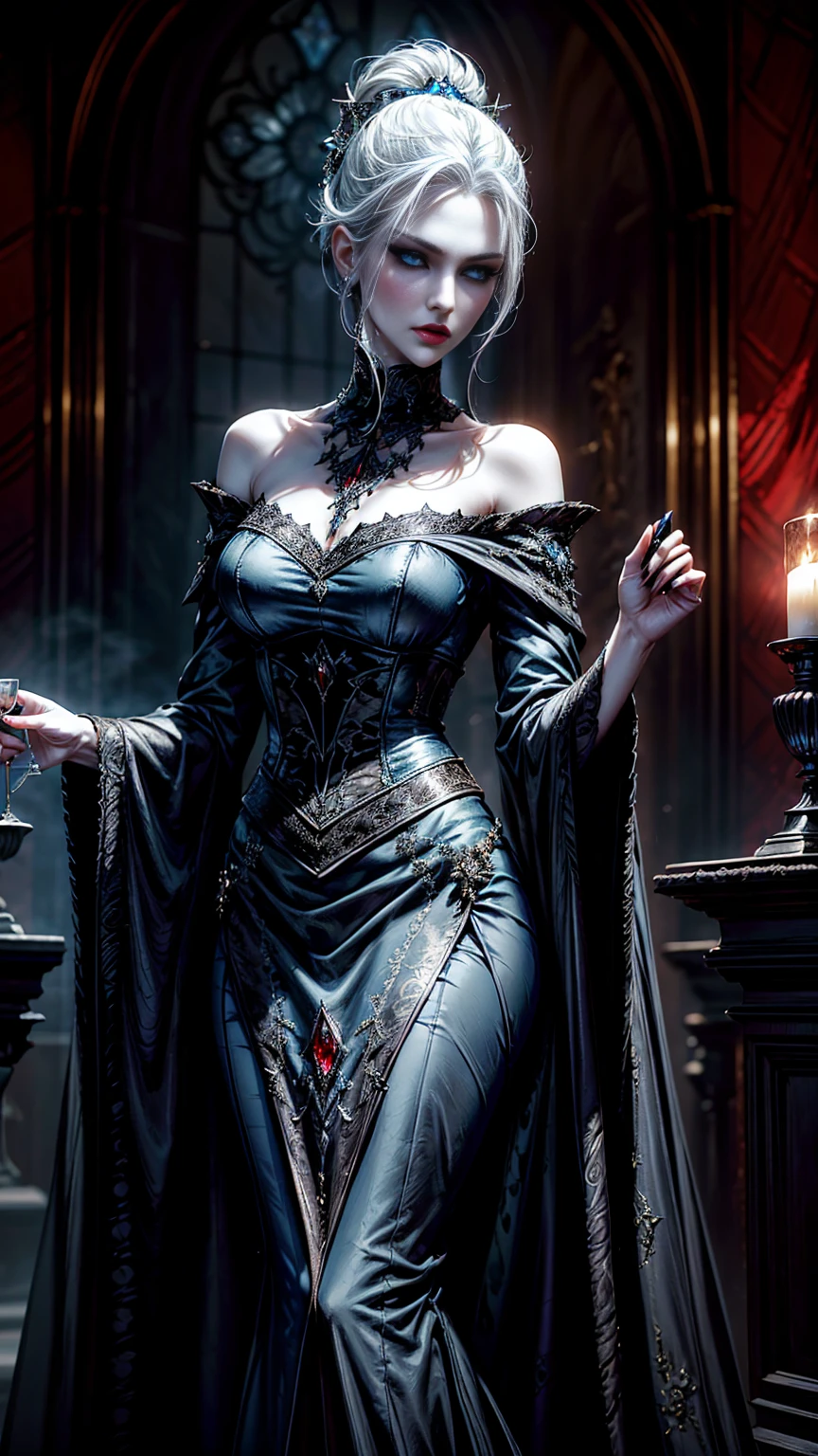 ((Best quality)), ((masterpiece)), (intricate), Female, Raquel Alessi, black gray hair, gray eyes, black long dress, Strict, goddes of death, fantasy, Sciamano240, Jun Kim