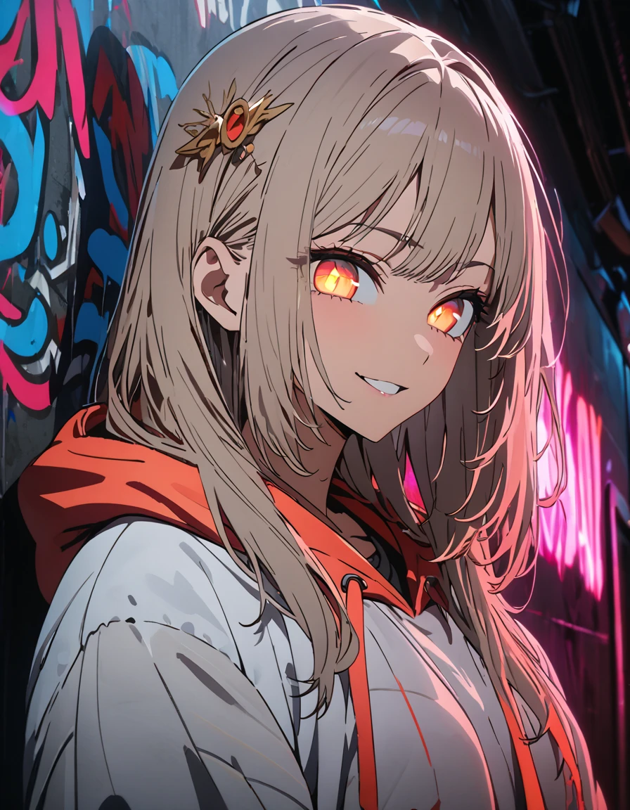 masterpiece,  best quality, 8k, detailed background, masterpiece,  best quality, smile,  ornament,  hoodies , Portraiture, Neon Red, graffiti, dark, night, Shining Eyes,  black light,Akane Kurokawa