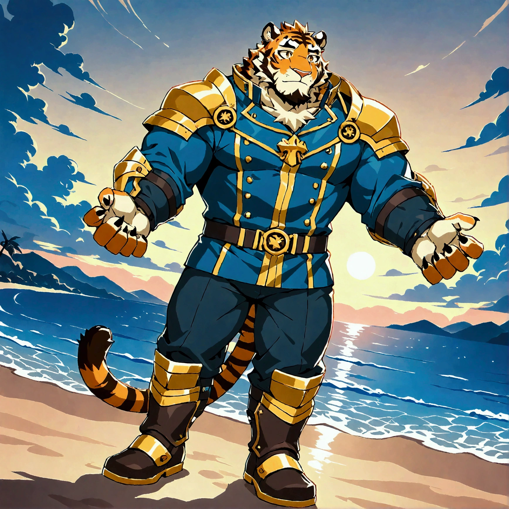 character focus, full body, looking away, various angle, european fantasy, a muscular middle-aged tiger man, clothed, heroic costume, full armor, mantle, pants, dynamic pose, BREAK complete anatomy, perfect proportions, beautiful thigh gap, fluffy body, intricate fur details, beautiful fur texture, BREAK a detailed tiger tail, detailed boots, detailed foot, detailed hands, 5fingers, 5fingers nails, BREAK aesthetic anime face, insanity detailed face, male face, big face, square jawline, aesthetic anime eyes, detailed brown eyes, detailed brown cornea, detailed dark brown irises, detailed pupils, male eyes, big eyes, male eyebrows, innocent look, beautiful beard, BREAK full body in Michelangelo Buonarroti style, digital illustration anime, housamo style, detailed painting landscape, beach, path, outdoor, full color, HDR, BREAK masterpiece, official art, best quality, very aesthetic, absurdres, super fine illustration, great quality, BREAK noise reduction, very highres, large filesize, high quality, 32K, 8k wallpaper, dynamic lighting, BREAK insanity detailed, ultra detailed, intricate details, extremely detailed, detailed texture, an extremely delicate and beautiful, BREAK osukemo, e621 illustration, kemohomo, anthropomorphic, furry, cartoon, harmonious body, pastoral face, virtuous eyes, epic atmosphere