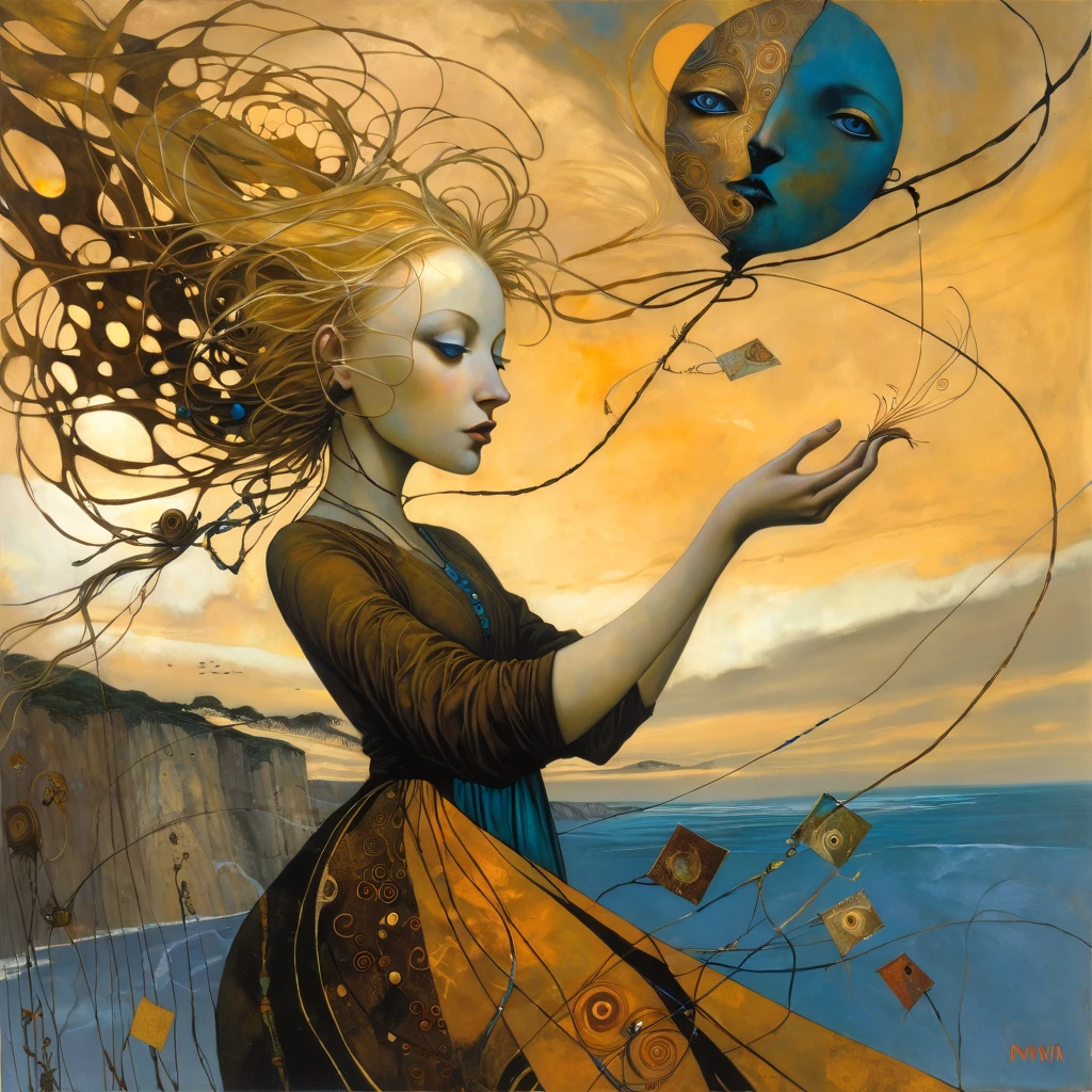 oil and acrylic painting. In the style of Dave McKean, Klimt. A young blonde woman energetically holds a thread to which are attached several theatrical masks floating in the sky and tries to prevent the wind from ripping the thread from her hands . The background is a dune with grass a from which the sea and high cliffs can be seen, cUse theatrical masks to enrich the meaning of the image, which should convey the woman's effort to prevent the wind from tearing the thread from her hands. dreamlike and surreal atmosphere. Colors ochre, amber, teal, browns, octane blue, skillfully dosed
