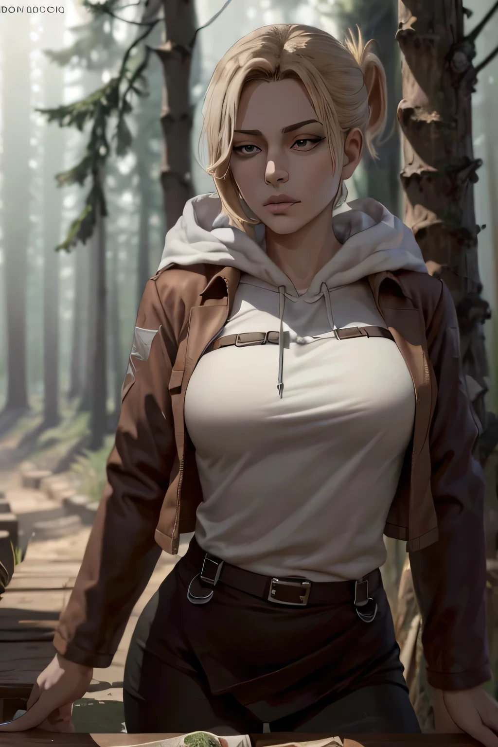 front view, masterpiece, best quality, ultra-detailed, annie_leonhardt, 1girl, milf, mature face, thick, solo, long sleeves, jacket, open clothes, hood, open jacket, hoodie, hood down, brown jacket, white hoodie, paradis military uniform, forest background, volumetric lighting, intricate details, tonemapping, sharp focus, hyper detailed, trending on Artstation, front view