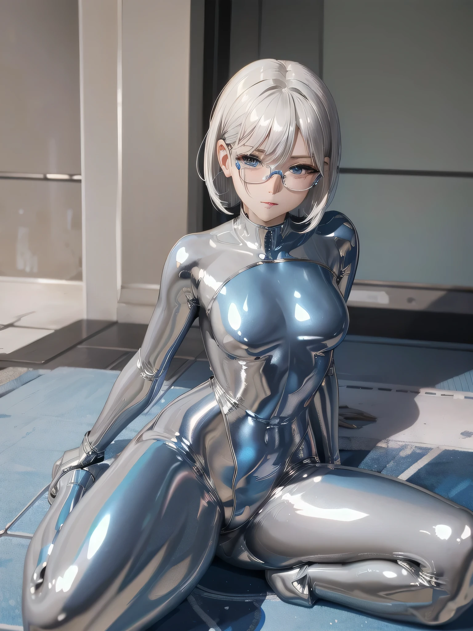 (( best quality)), ((masterpiece)), ( Details), (8k), (UHD), Close-up、 Shorthair、 blue eyes、 Silver Hair、Glasses、Spread your legs wide、Full body silver metallic enamel suitを着た美女、Full body silver metallic enamel suit