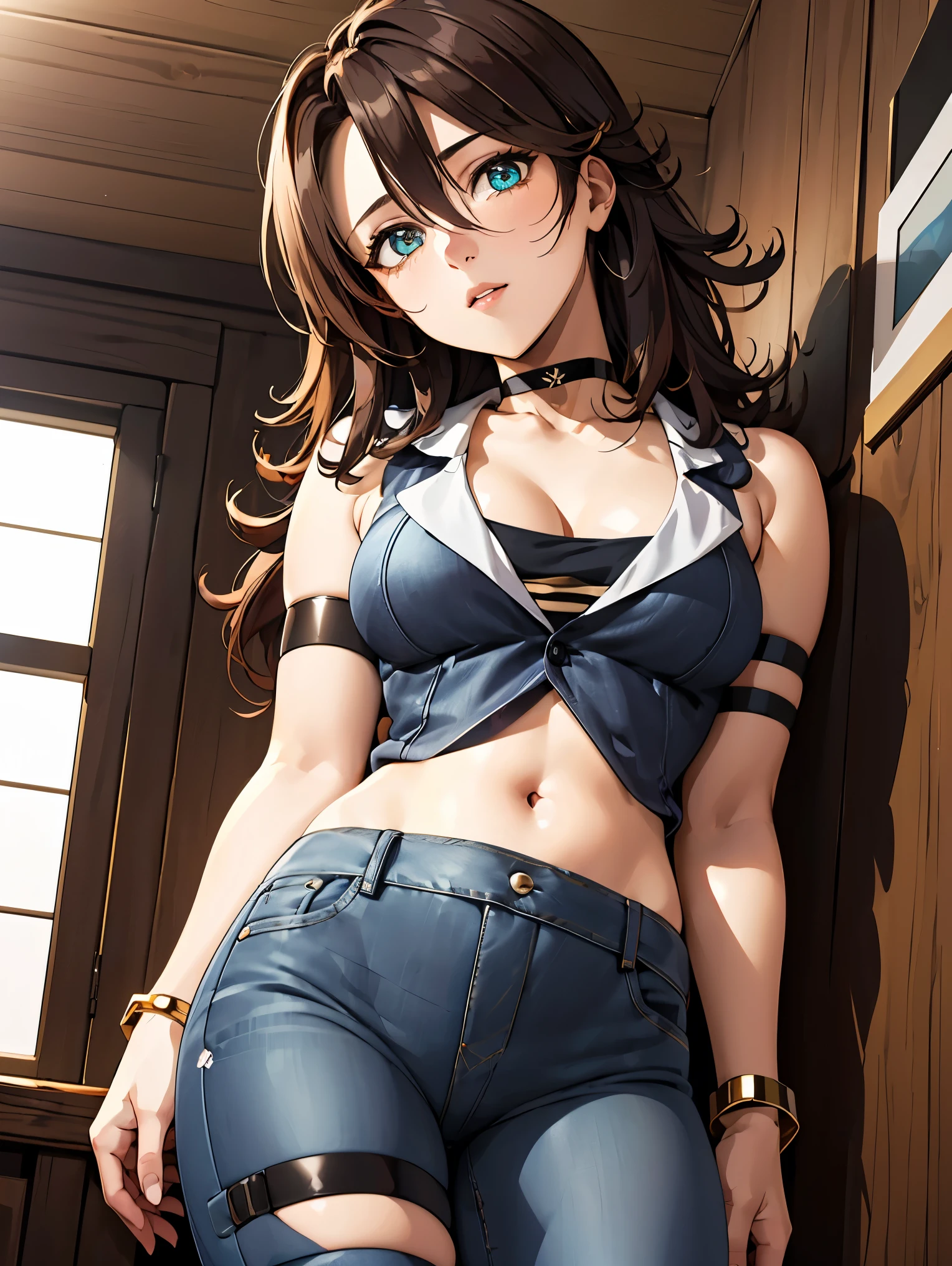 1girl, solo, breasts, long hair, brown hair, cleavage, jewelry, bracelet, yellow eyes, sumeragi lee noriega, 
BREAK ((crop top, Long Jeans, bara, crop top, choker,Thigh strap, Head tilt:1.5)) 
BREAK extreme close-up,curvy,pale skin,pointy breasts,erect nipples,
BREAK (masterpiece:1.2), best quality, high resolution, unity 8k wallpaper, (illustration:0.8), (beautiful detailed eyes:1.6), extremely detailed face, perfect lighting, extremely detailed CG, (perfect hands, perfect anatomy),