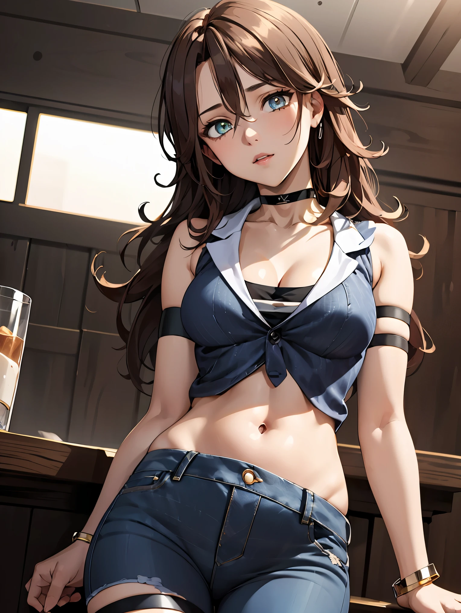 1girl, solo, breasts, long hair, brown hair, cleavage, jewelry, bracelet, yellow eyes, sumeragi lee noriega, 
BREAK ((crop top, Long Jeans, bara, crop top, choker,Thigh strap, Head tilt:1.5)) 
BREAK extreme close-up,curvy,pale skin,pointy breasts,erect nipples,
BREAK (masterpiece:1.2), best quality, high resolution, unity 8k wallpaper, (illustration:0.8), (beautiful detailed eyes:1.6), extremely detailed face, perfect lighting, extremely detailed CG, (perfect hands, perfect anatomy),