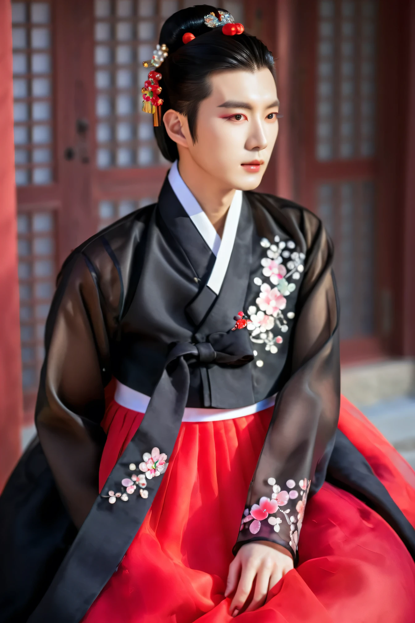  Korean male wearing hanbok ,  hello crossdresser ,   His face and hairstyle are very masculine, Pearl ,  sexy hanbok for sexy women, women's breasts, Using a black and red ,  slim female body ,  transparent jacket , Satin ,  Floral Pattern , Small side,  sit quietly 