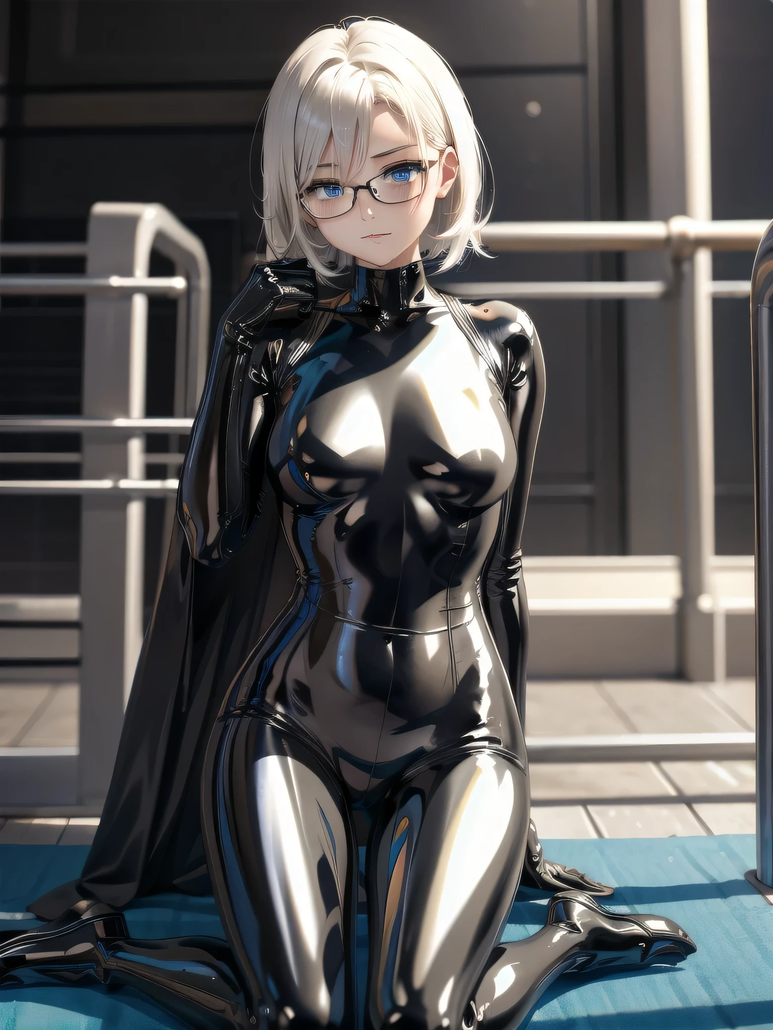 (( best quality)), ((masterpiece)), ( Details), (8k), (UHD), Close-up、 Shorthair、 blue eyes、 Silver Hair、Glasses、Spread your legs wide、full body black metallic enamel suit を着た美女、full body black metallic enamel suit 