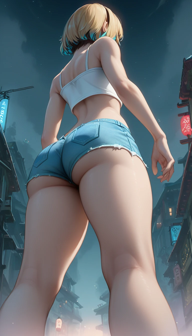 score_9, score_8_below, 1girl, solo, (short hair Gwen Stacy, blonde, colorful highlights:1.2), (white strappy top, bare arms, bare shoulders, midriff, tiny jean shorts:1.3), exposed legs, thick thighs, ass focus, Chinatown, fog, night, colorful, 2D, (shot from below:1.3), rear view.