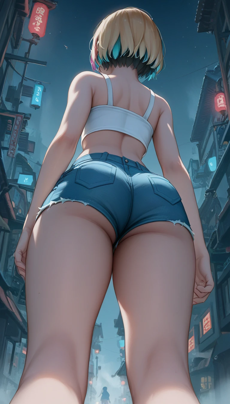 score_9, score_8_below, 1girl, solo, (short hair Gwen Stacy, blonde, colorful highlights:1.2), (white strappy top, bare arms, bare shoulders, midriff, tiny jean shorts:1.3), exposed legs, thick thighs, ass focus, Chinatown, fog, night, colorful, 2D, (shot from below:1.3), rear view.