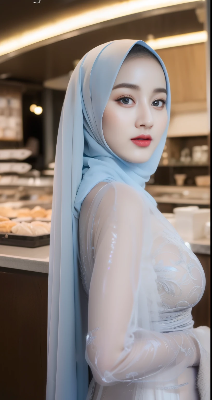 a beautiful hijab , big breasts, long clothes, long hijab, blue hijab, long blue hijab, long hijab, long clothes, red lips, detailed face, elegant face, (intricate long eyelases), elegant face, half-body shot, sexy leg, leg sexy, ((nude leg)), detailed hairy pussy, hairy pussy, ((show pussy)), detailed hair pussy, show pussy, (best quality,4k,8k,highres,masterpiece:1.2),ultra-detailed,(realistic,photorealistic,photo-realistic:1.37),detailed description of face and features,hyper detailed portrait, mall background, supermarket night  background, cinematic lighting, warm color tones, high-end fashion, urban cafe setting, intricate hijab folds, glowing skin, elegant pose