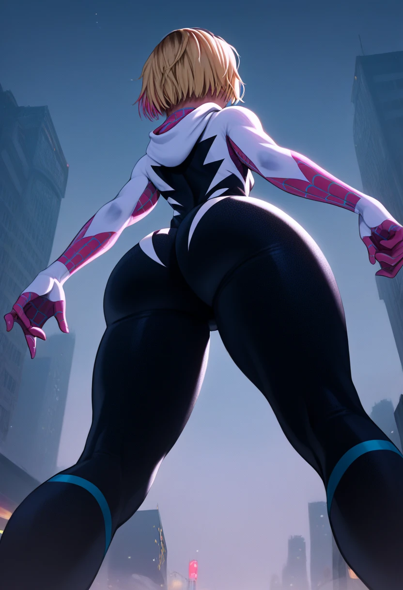 score_9, score_8_below, 1girl, solo, (short hair Gwen Stacy, blonde, colorful highlights:1.2), (Spidergwen suit:1.3), thick thighs, ass focus, New York, Time Square, fog, night, colorful, 2D, (shot from below:1.3), rear view.