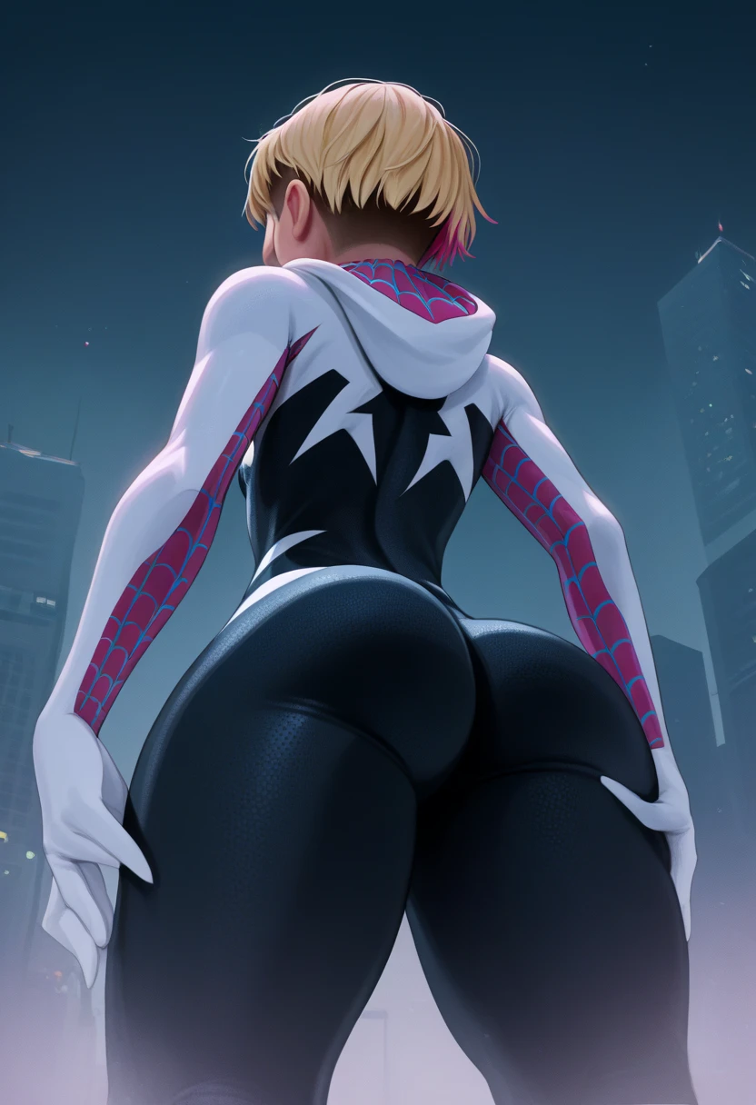 (ultra realistic,32k, masterpiece:1.2),(high detailed skin:1.1),( 8k uhd, dslr, high quality:1.1),
 Gwen, undercut, blonde, multicolored hair, bodysuit, web-print, hood down, , (huge breast:1.1), 
(looking at viewer, Bend forward:1.1),
,(glow in the dark:1.1),A musical concert environment/ big buttocks  