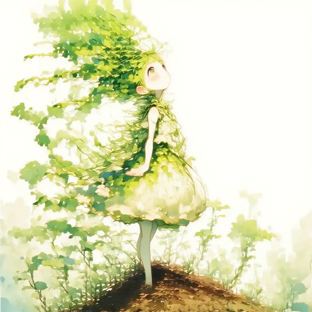 A cute daikon lady with green leaves hair is standing in the soil