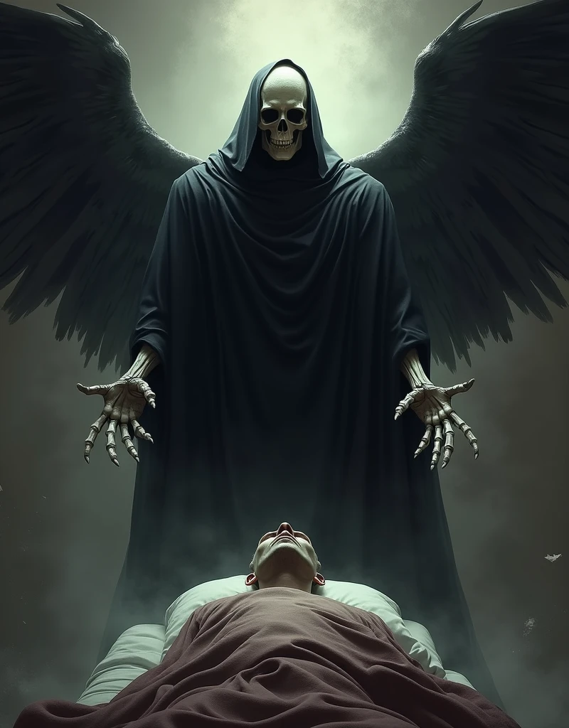Death with aspect , dark and Machiavellian , Black Wings ,killing a > withe wings, using his scythe, the angel is>> , the destroyed handles , Death holds a decapitated angel head with the halo
