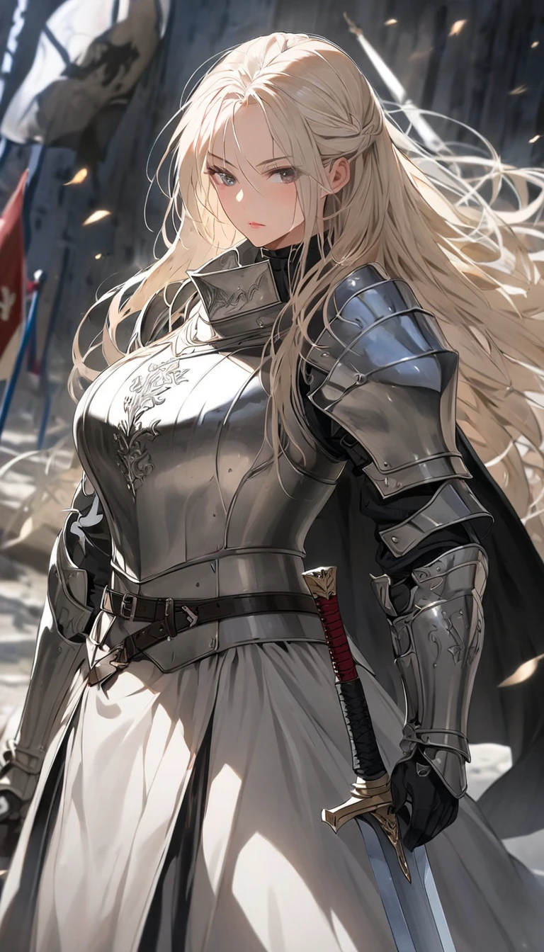 slender, mature female,1girl, long_hair, white_hair, blurry, bare_shoulders, blonde_hair, standing, breasts, depth_of_field, grey_hair, , weapon, sword, holding, gloves, holding_weapon,black_gloves, holding_sword, cape, belt,knight, armor, elbow_gloves, sheath, armored_dress, gauntlets,sheathed, flag, vambraces
