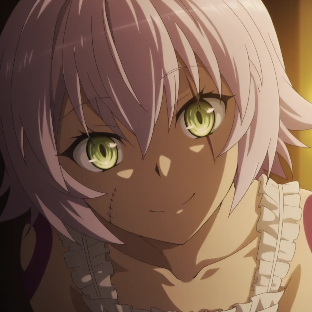 anime screencap, anime coloring, masterpiece,best quality, highres, JackTR,  jack_the_ripper_(fate/apocrypha), white dress, close-up, smile, head tilt, confused, dark, warm lighting, looking at viewer, scar across eye, scar on cheek, 