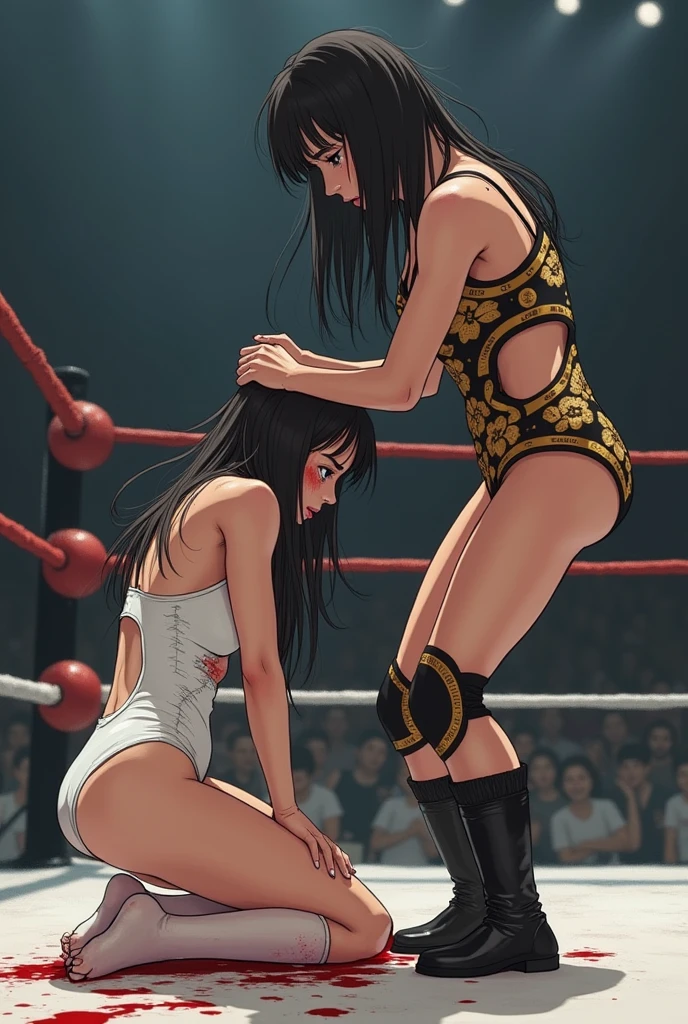 2 females、Pro Wrestling、Breasts are big、Black-haired woman lying on her back、Blonde woman looking with a smile、Best Quality、crying black-haired woman、