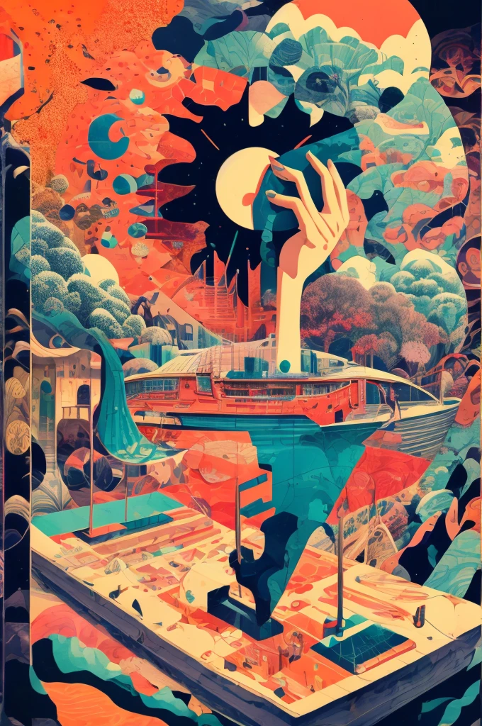 Draw a woman standing on a boat,There is a cat on the shore, surrealism painting, Hyper-realistic illustration, sketch of a lucid dream, surreal scene, in a surreal dream landscape, Inspired by Remedios Varro, Black and white illustration, surreal landscapes, pencil and ink drawing, black and white drawing, Surreal landscape, author:Maximilian Jimsky