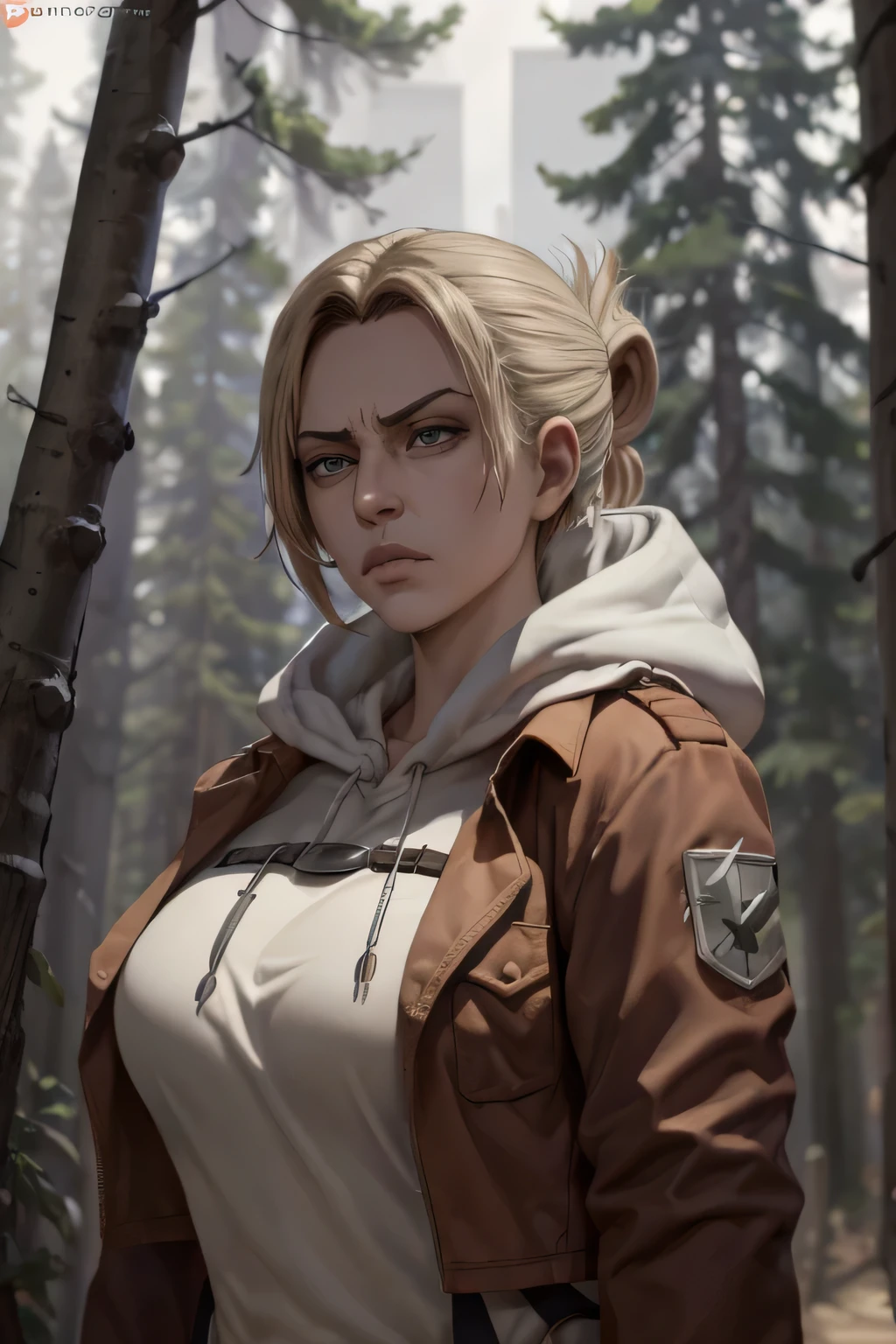 angry, front view, looking at camera, masterpiece, best quality, ultra-detailed, annie_leonhardt, 1girl, milf, mature face, thick, solo, long sleeves, jacket, open clothes, hood, open jacket, hoodie, hood down, brown jacket, white hoodie, paradis military uniform, forest background, volumetric lighting, intricate details, tonemapping, sharp focus, hyper detailed, trending on Artstation, front view