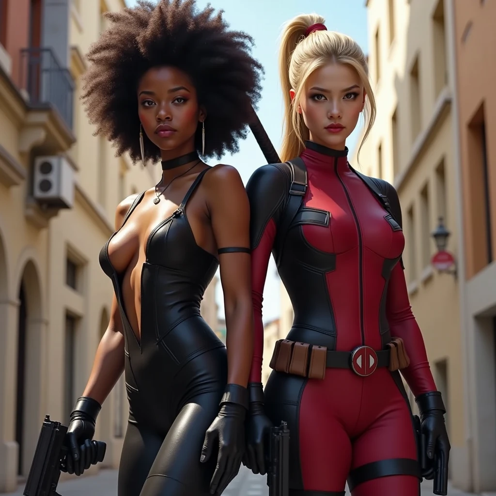  a beautiful woman , Domino (  Marvel character Zazie Beetz ) Afro hair, mulatto skin with a patch of light skin on the left eye.  She wears a tight black leather onesie completely open on her breast.  She is armed with a gun ,  posing as a combat pose with a sly smile .  Next to her comes Lady Deadpool, very blonde hair tied in a ponytail,  athletic physique and classic red and black costume completely open on the breast . I am shoulder to shoulder .  Luis Royo style .